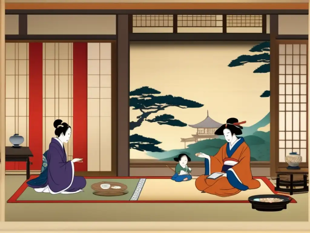 Esplendor ancestral: Lady Murasaki en su vida cotidiana en un cuadro japonés - SEO: 'Lady Murasaki', 'vida cotidiana', 'cuadro japonés' Biografía Lady Murasaki escritora japonesa: Detalle de antiguo pergamino japonés mostrando la vida cotidiana de una noble familia en una habitación tradicional con Lady Murasaki sentada en su escritorio rodeada de libros y pergaminos, inmersa en su vida temprana