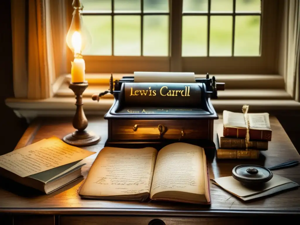Un escritorio antiguo cubierto de manuscritos, con pluma y tintero, junto a 'Alicia en el país de las maravillas' de Lewis Carroll