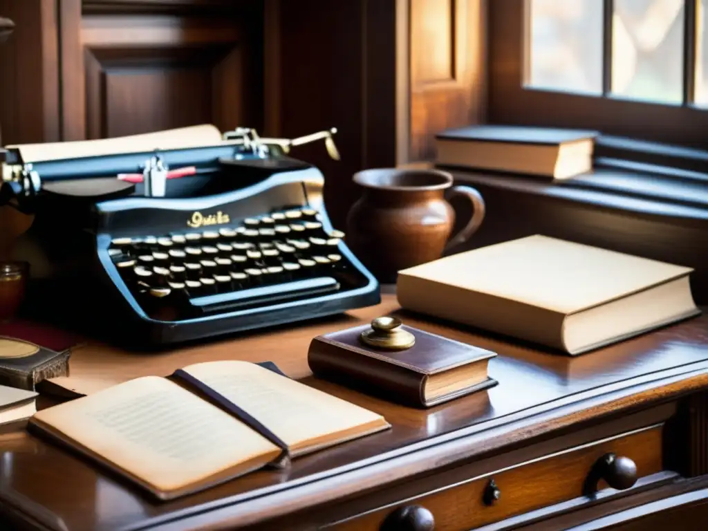 Un escritorio antiguo iluminado por cálida luz natural, con una máquina de escribir, libros envejecidos, y una pluma y tintero