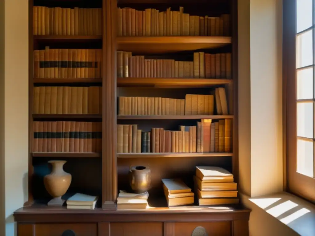 El escritorio de Michael Grant, una colección de historia antigua y arte, iluminado por luz natural