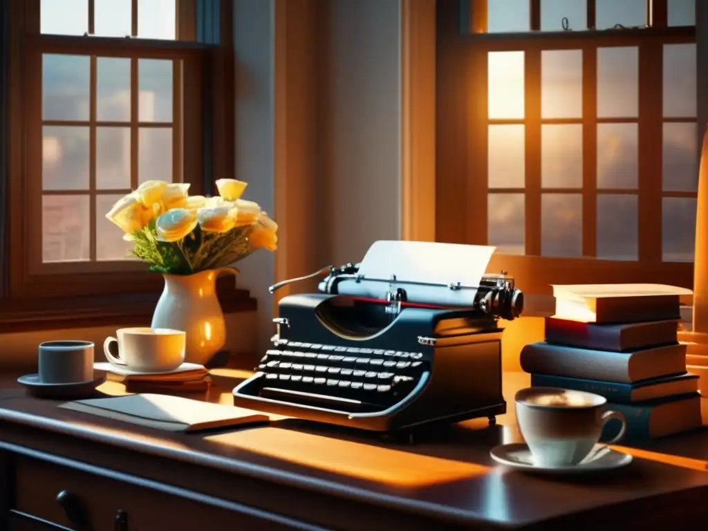 El escritorio de un escritor bañado por la cálida luz del sol