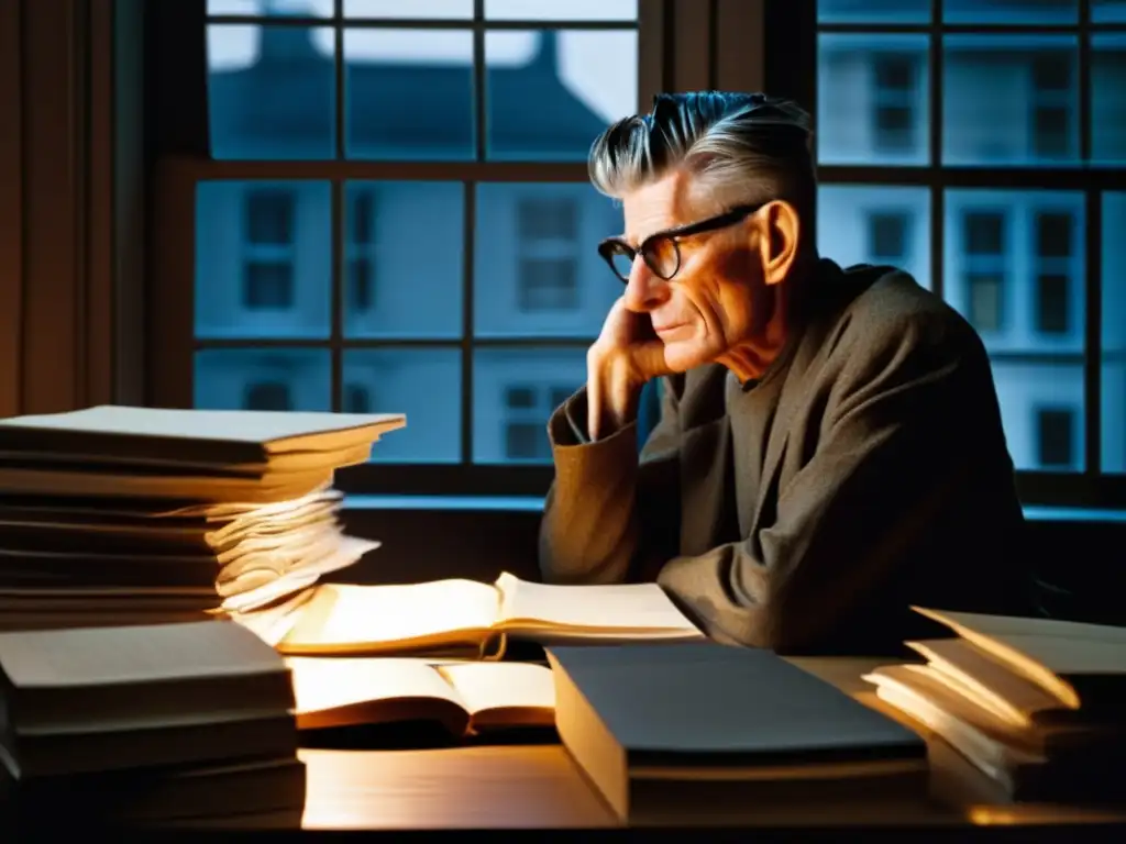 Samuel Beckett en su escritorio, inmerso en sus pensamientos bajo la tenue luz de su estudio