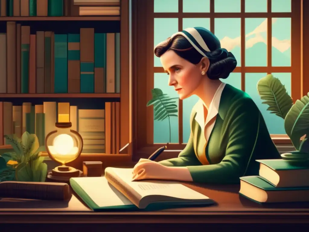 Rachel Carson reflexiona en su escritorio, rodeada de libros e ilustraciones botánicas en una escena bañada por la cálida luz del sol
