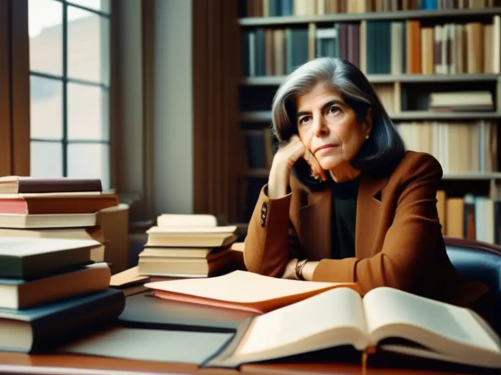 Susan Sontag reflexiona en su escritorio, rodeada de libros y materiales de escritura