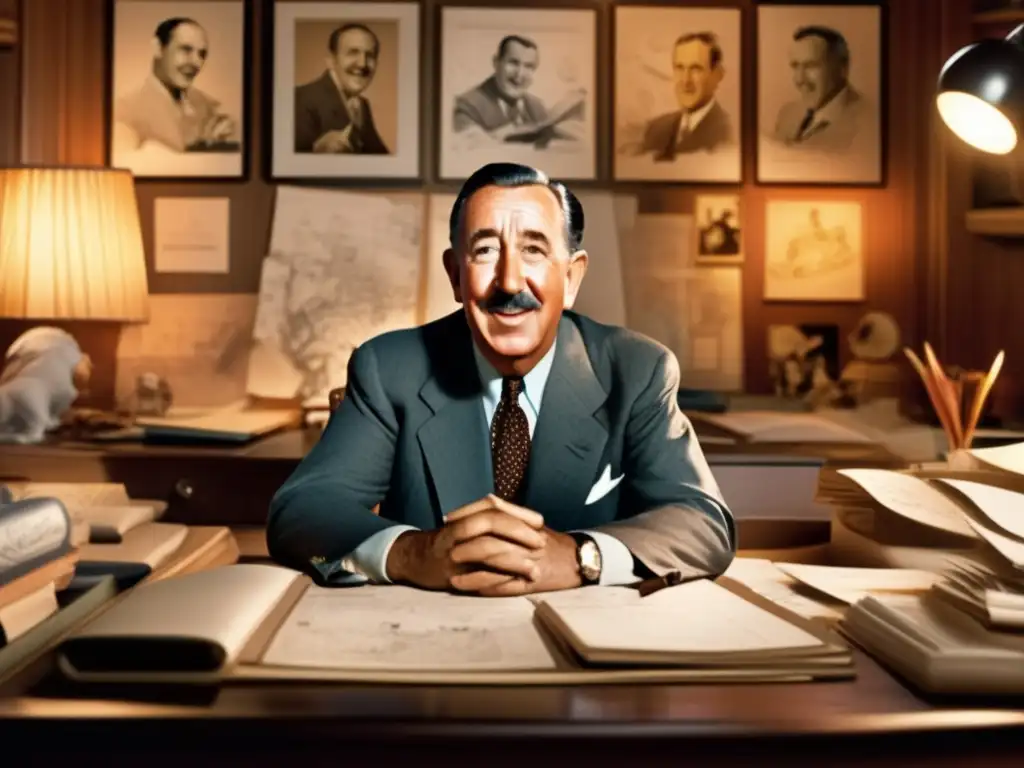 Walt Disney en su escritorio rodeado de bocetos, reflejando su visión y pasión creativa