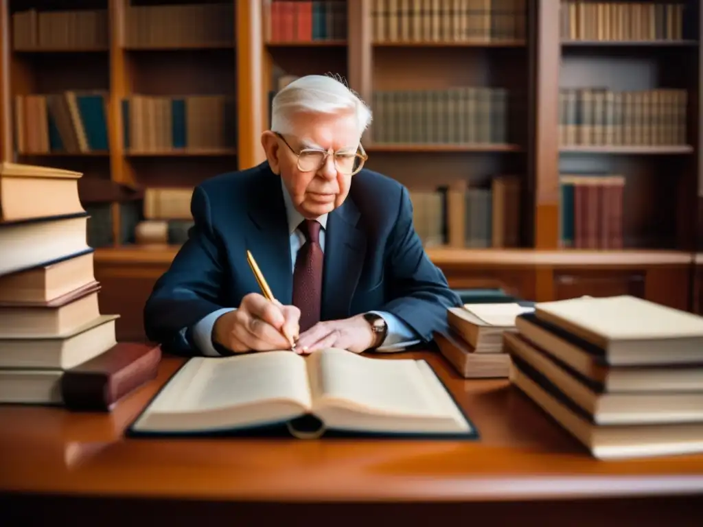 Ronald Coase trabajando en su escritorio, rodeado de libros y papeles, inmerso en sus pensamientos mientras escribe en un cuaderno de piel