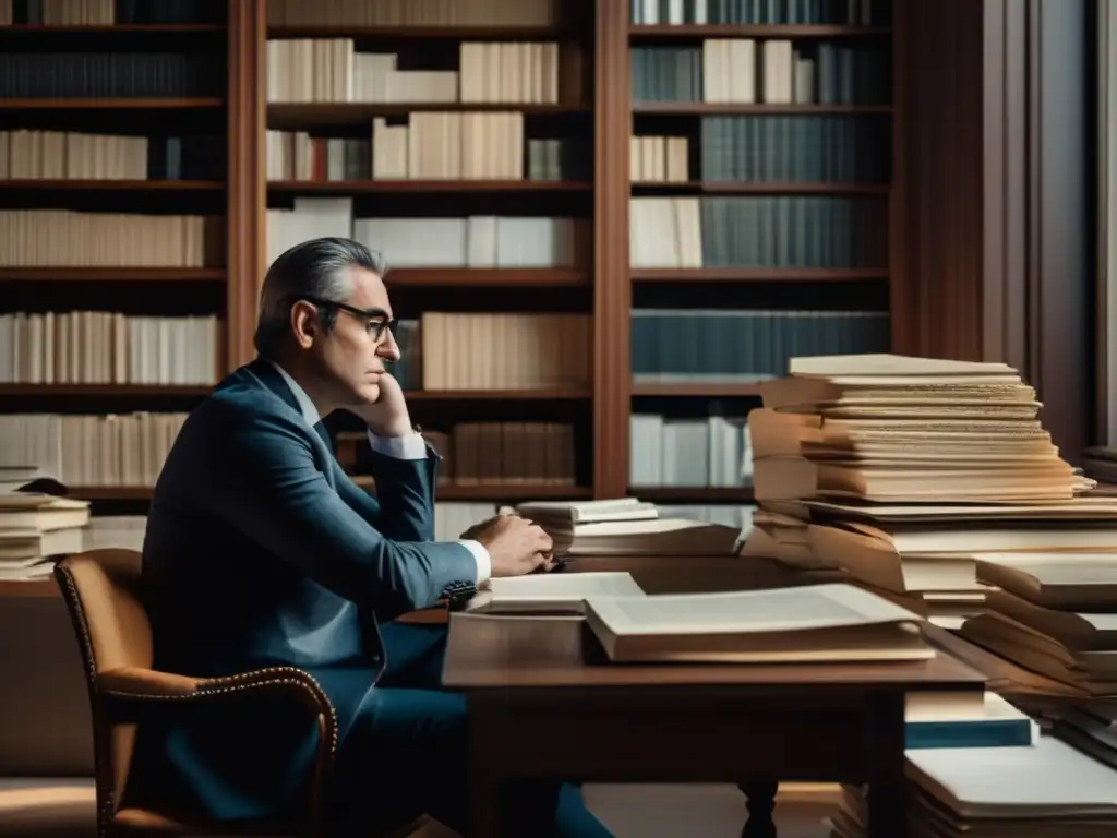 Simon Frank reflexiona en su escritorio, rodeado de libros y papeles, con una expresión contemplativa