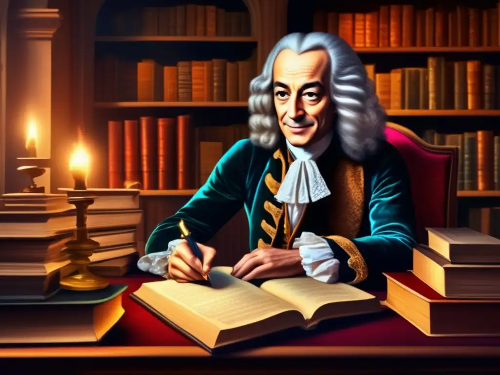 Una ilustración europea de Voltaire en su escritorio, rodeado de libros y papeles, con intensidad en sus ojos