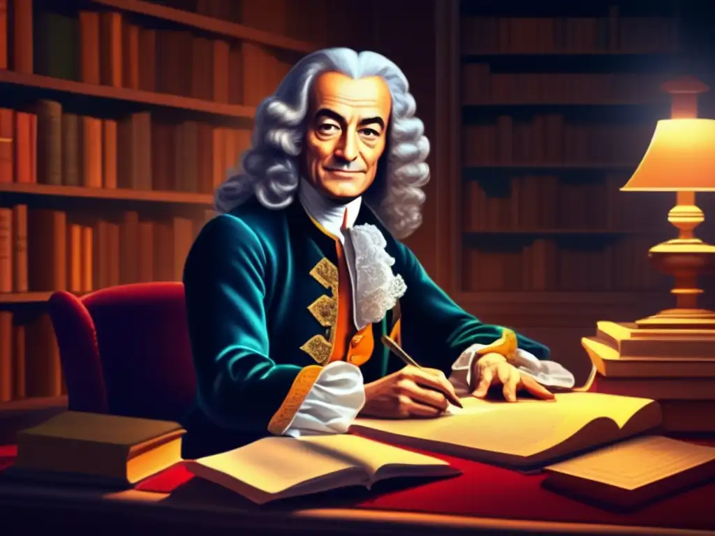 Una ilustración europea de Voltaire en su escritorio, rodeado de libros y papeles, con expresión pensativa