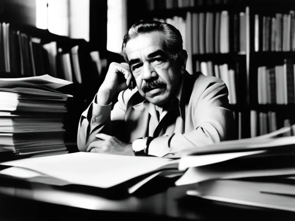 Gabriel García Márquez en su escritorio, rodeado de libros y papeles, con una iluminación suave que resalta su expresión reflexiva