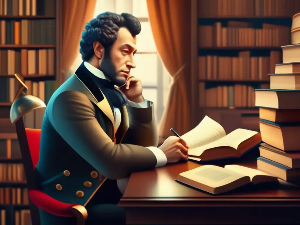 Alexander Pushkin: Ilustración detallada en 8k- Alexander Pushkin reflexiona en su escritorio, rodeado de libros y papeles, en una ilustración detallada de 8k