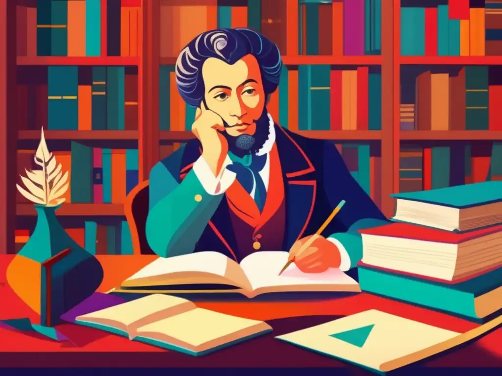 Intensa ilustración digital de Pushkin escribiendo Alexander Pushkin escribiendo en su escritorio, rodeado de libros y papeles