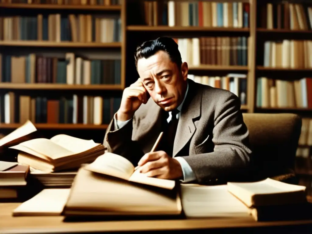 Albert Camus reflexiona en su escritorio, rodeado de libros y papeles