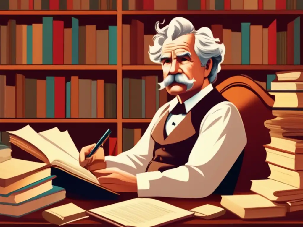 Mark Twain reflexiona en su escritorio, rodeado de libros y papeles
