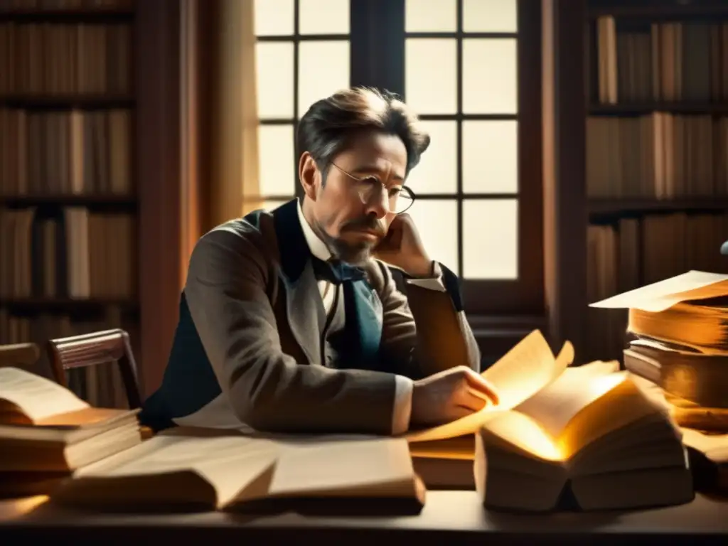 Anton Chéjov reflexiona en su escritorio, rodeado de libros y papeles, con una expresión pensativa iluminada por la luz de la ventana