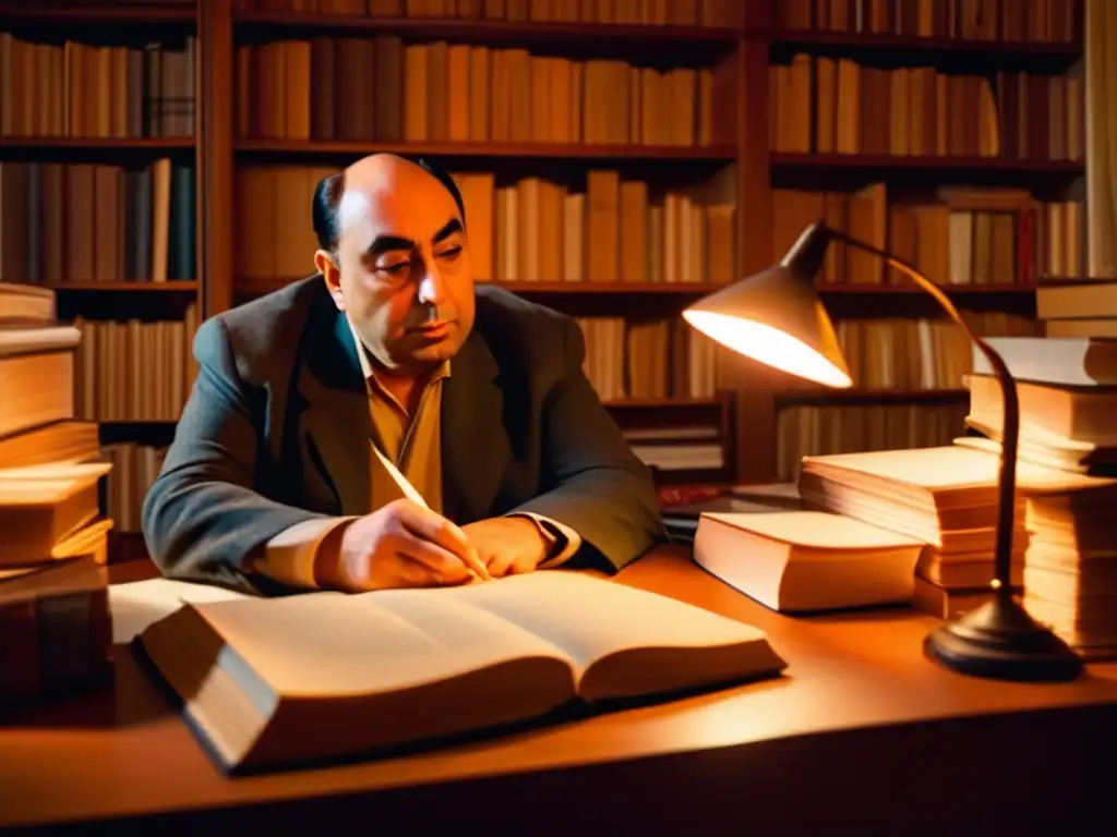 Pablo Neruda en su escritorio, rodeado de libros y papeles, con una expresión contemplativa