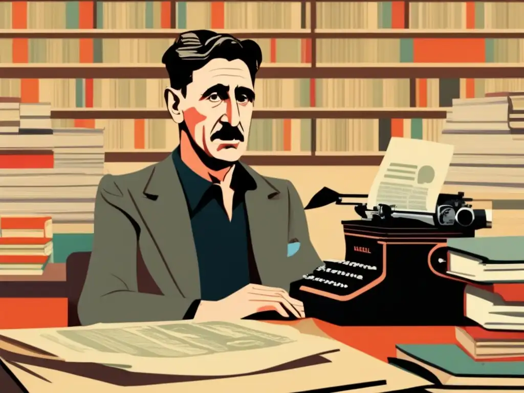 George Orwell, profeta escritor, reflexiona en su escritorio rodeado de libros y periódicos en una ilustración digital detallada y moderna