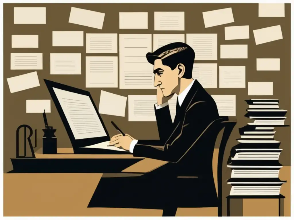 Franz Kafka se encuentra en su escritorio, rodeado de papeles, con una expresión de profunda contemplación