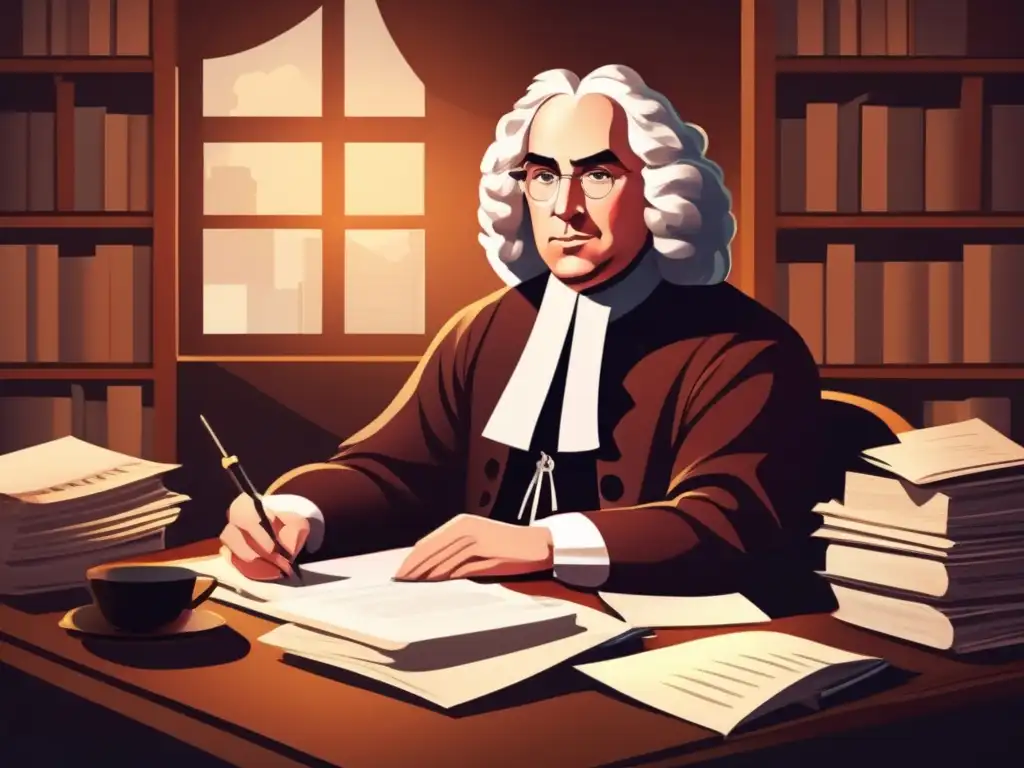 En la ilustración, Jonathan Swift reflexiona en su escritorio, rodeado de papeles y plumas, mientras la luz dramática realza la atmósfera