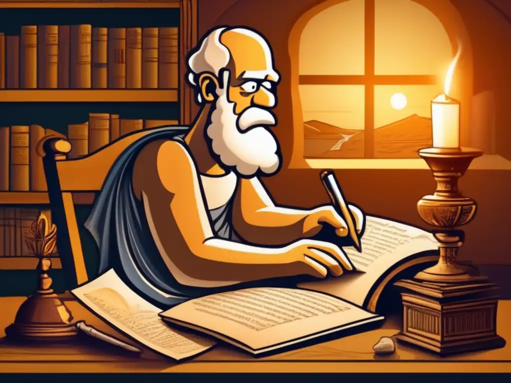 Homer en su escritorio, rodeado de pergaminos y artefactos griegos, componiendo la 'Ilíada'