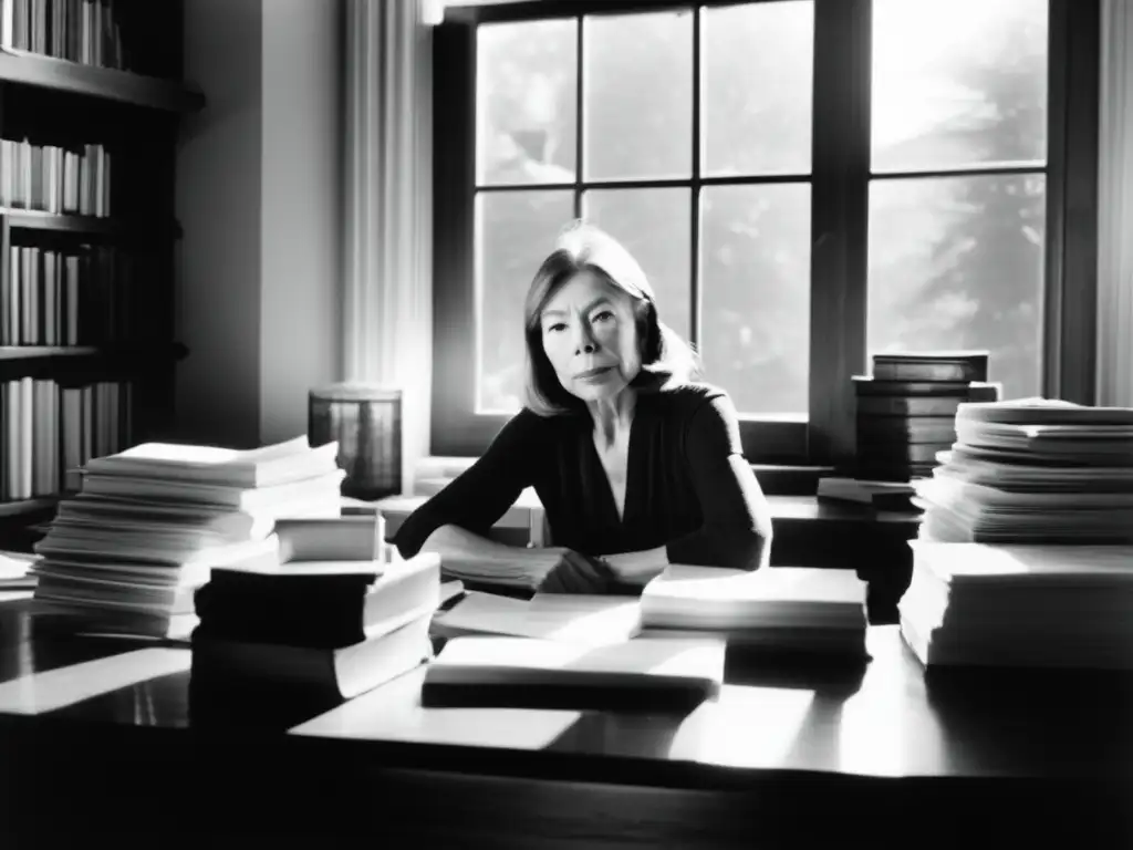 Joan Didion en su escritorio, sumida en pensamientos creativos bajo la luz del sol