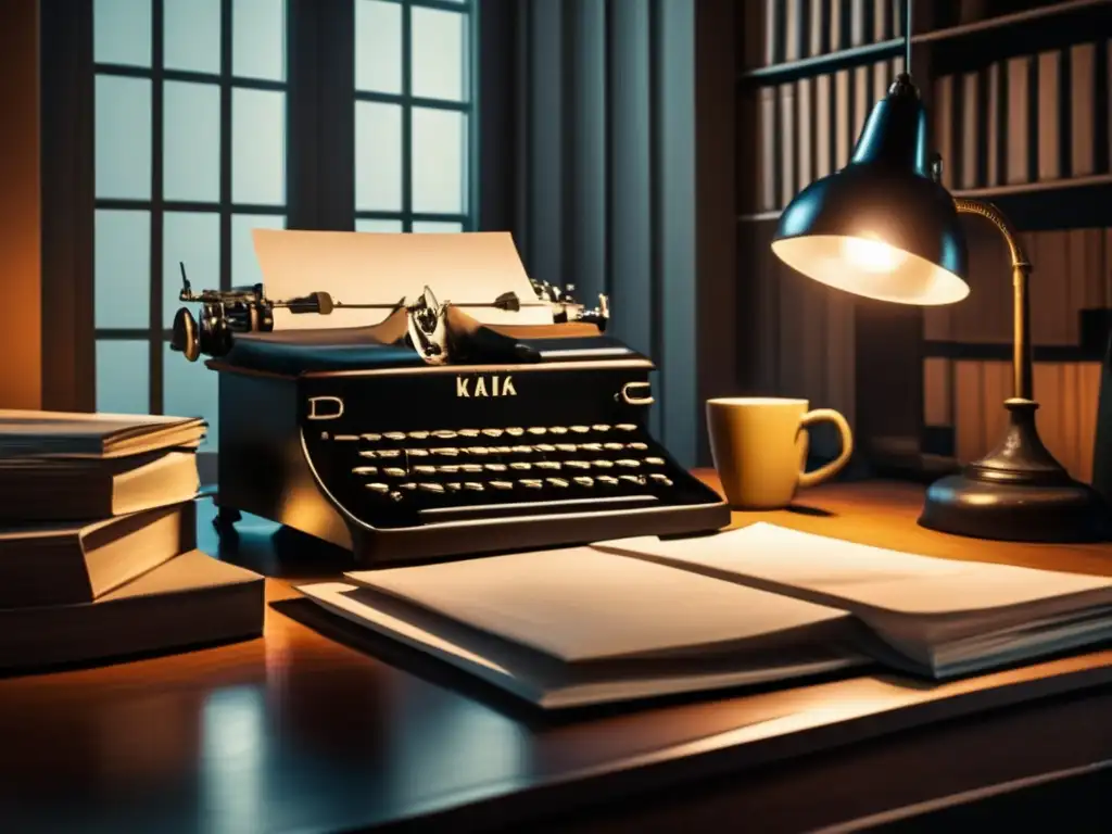 Un escritorio vintage abrumado por papeleo, una máquina de escribir y una lámpara tenue, reflejando la vida de Franz Kafka y la opresión burocrática