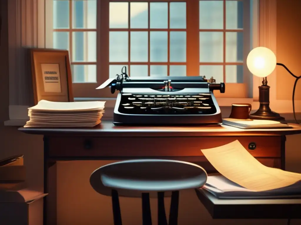 Un escritorio vintage desordenado con papeles, una máquina de escribir y las icónicas gafas redondas de Kafka, iluminado por una cálida luz