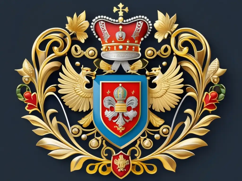 Un escudo de armas de los Romanov, detallado y moderno, con filigrana en oro y plata, colores vibrantes y el lema familiar
