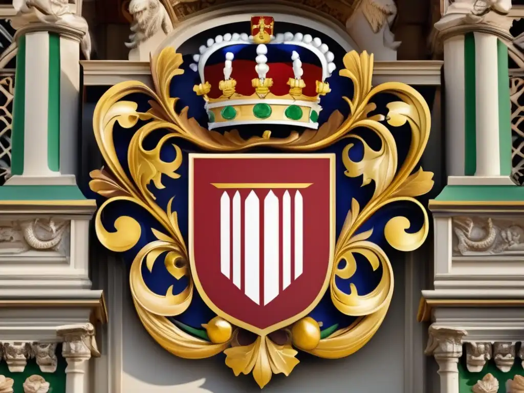 Un escudo de la familia Medici, con detalles vibrantes, coronado y rodeado de arquitectura florentina