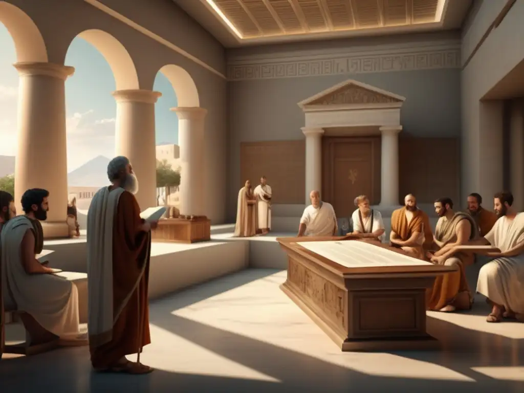En una escuela de medicina griega antigua, Hipócrates enseña el Juramento Hipocrático a sus estudiantes en una sala de mármol iluminada por la luz del sol