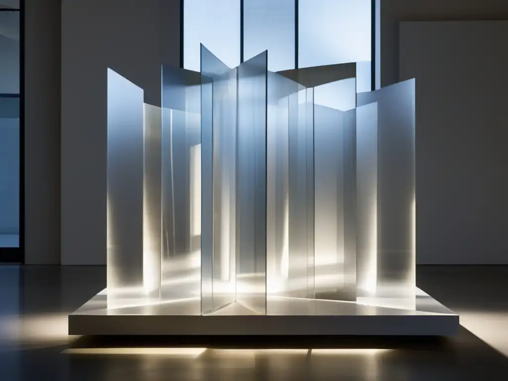 Una escultura abstracta de paneles acrílicos transparentes, creando una sensación de deconstrucción y fragmentación