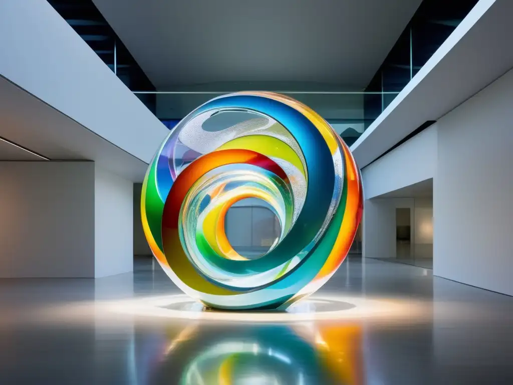Una escultura abstracta de vidrio transparente, con luz refractada creando un deslumbrante juego de colores y patrones