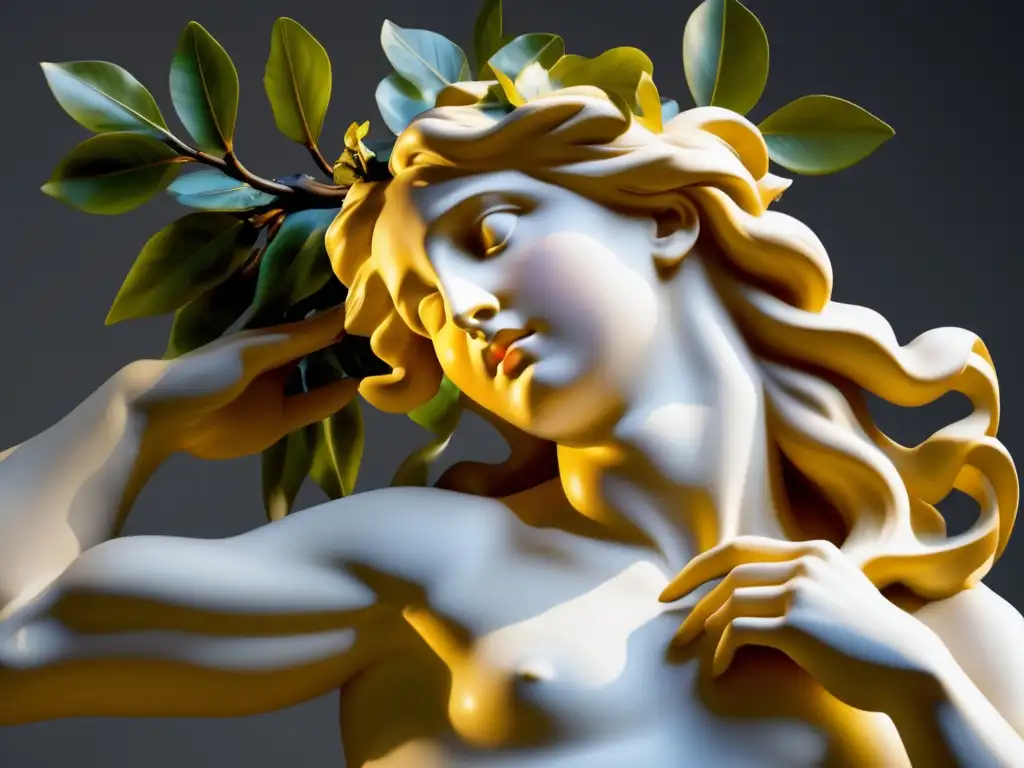 Una escultura barroca de Bernini muestra a Apollo y Daphne en intenso drama, con detalles intrincados que capturan la emoción y el movimiento