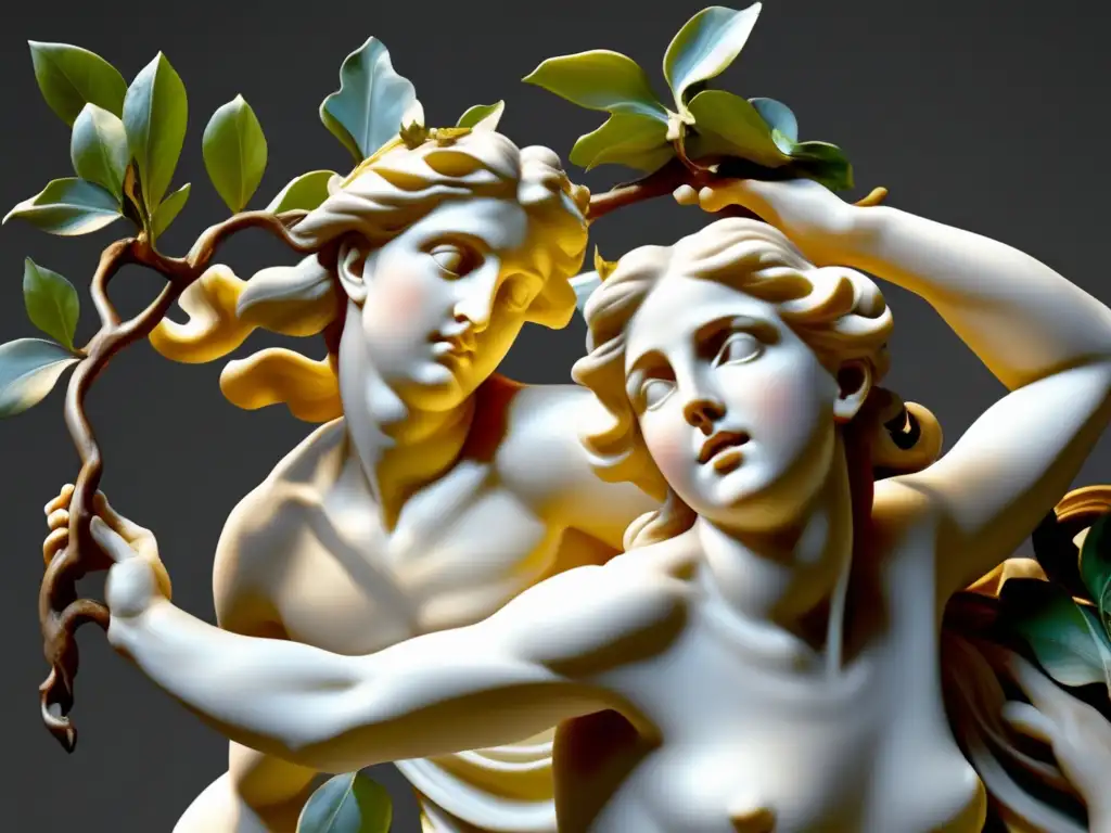 La escultura de Bernini muestra a Daphne transformándose en árbol, con detalles impresionantes y expresión angustiada, en una obra maestra barroca