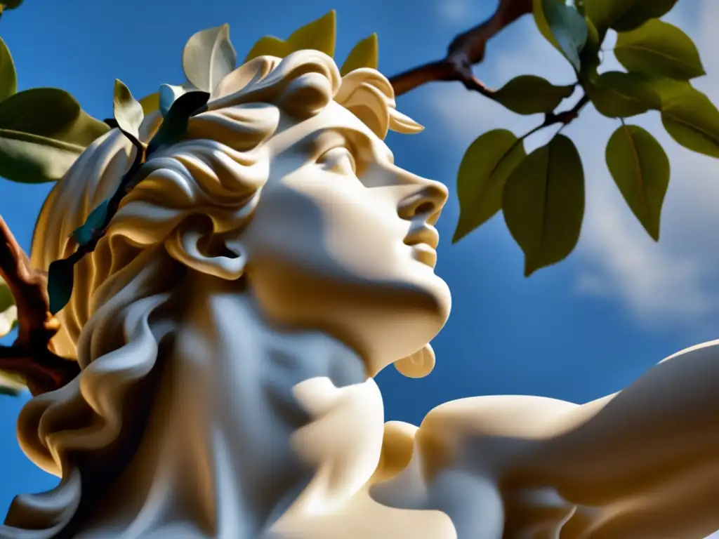 Una escultura de Bernini muestra la metamorfosis de Apolo y Dafne en un árbol de laurel, capturando emoción y movimiento