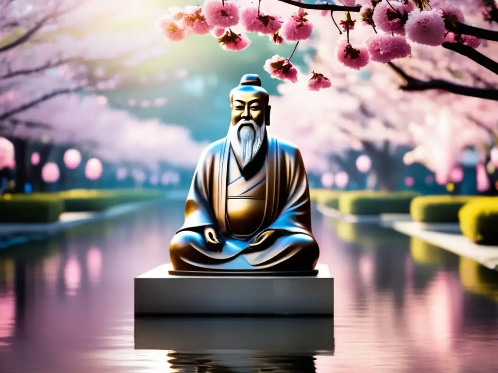 Una escultura de Confucio en bronce rodeada de agua y cerezos en flor, irradia serenidad y sabiduría