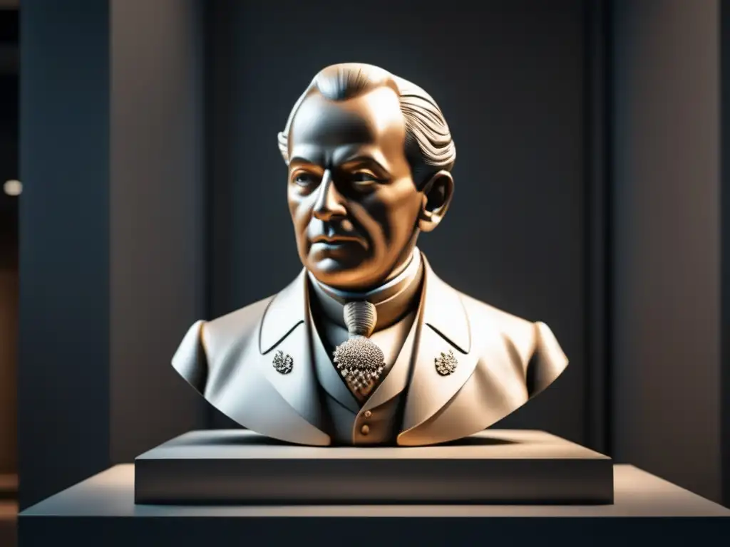 Una escultura detallada de Immanuel Kant en una moderna galería de arte, mostrando la importancia ética del pensamiento de Kant