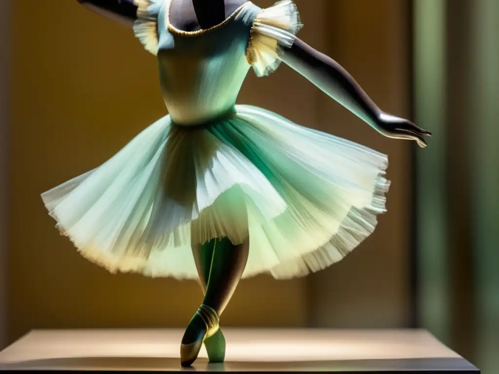 Una escultura detallada de la 'Pequeña bailarina de catorce años' de Edgar Degas, resalta su tutú y expresión, con iluminación moderna