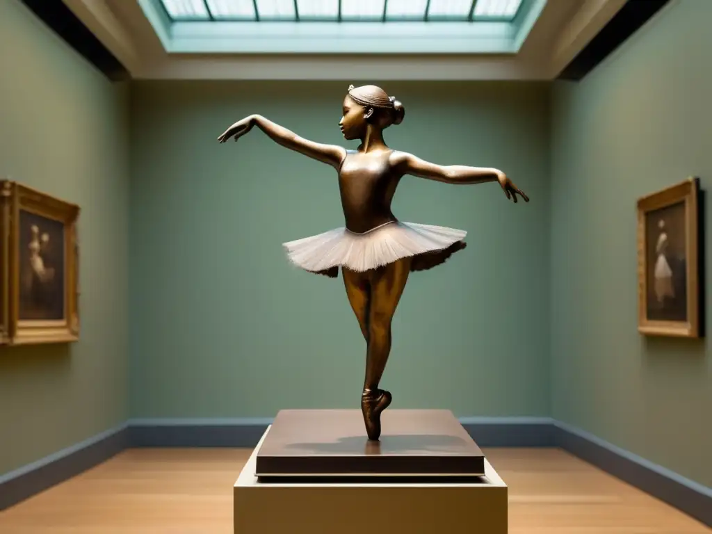 Una escultura detallada de 'La pequeña bailarina de catorce años' de Edgar Degas se exhibe en una galería de arte moderno