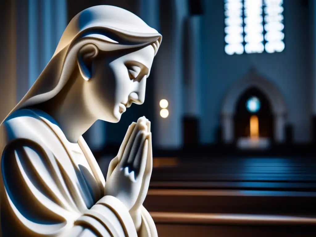 La escultura de mármol muestra a una figura contemplativa en oración en una iglesia minimalista, destacando la serenidad