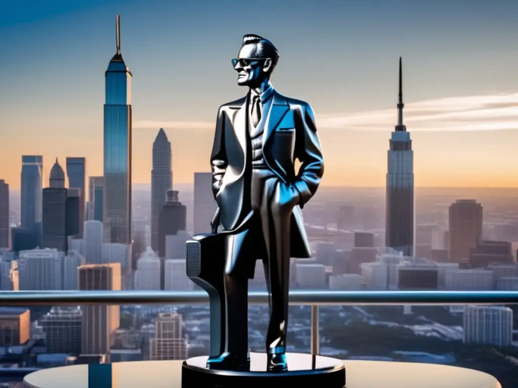 La escultura futurista de Philo Farnsworth se alza ante el horizonte de la ciudad, reflejando su legado en la historia de la televisión