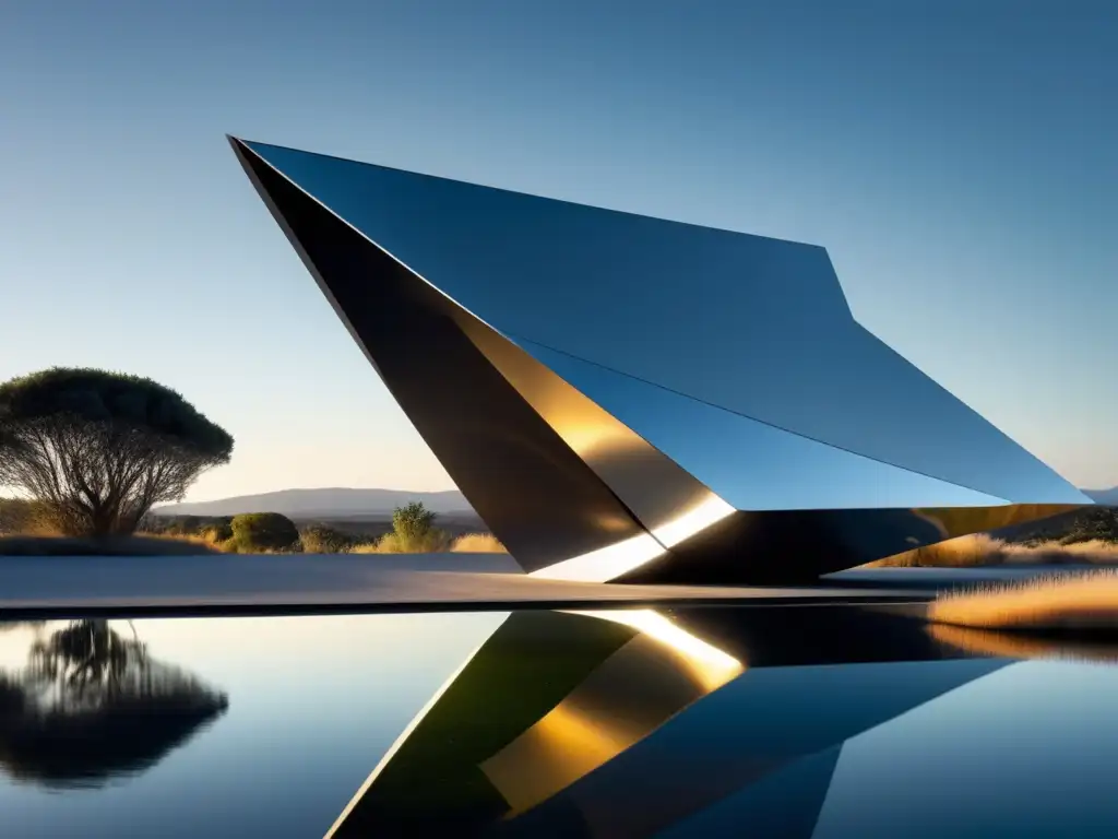 Una escultura futurista de metal reflectante resplandece en la naturaleza, creando un contraste armonioso entre arte y entorno