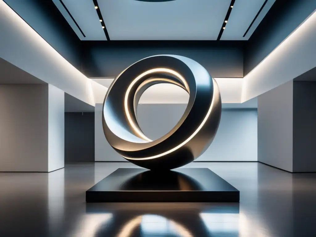 Una escultura geométrica moderna en un elegante espacio galería, con influencia de Euclides en la geometría