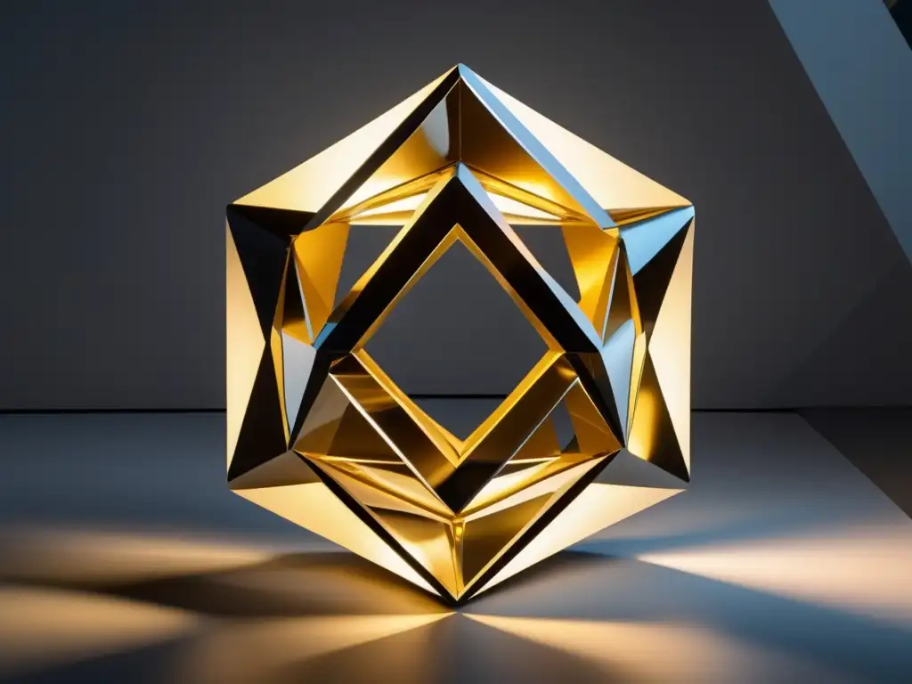Una escultura geométrica moderna, reflejante y detallada, que representa la influencia de Euclides en la geometría