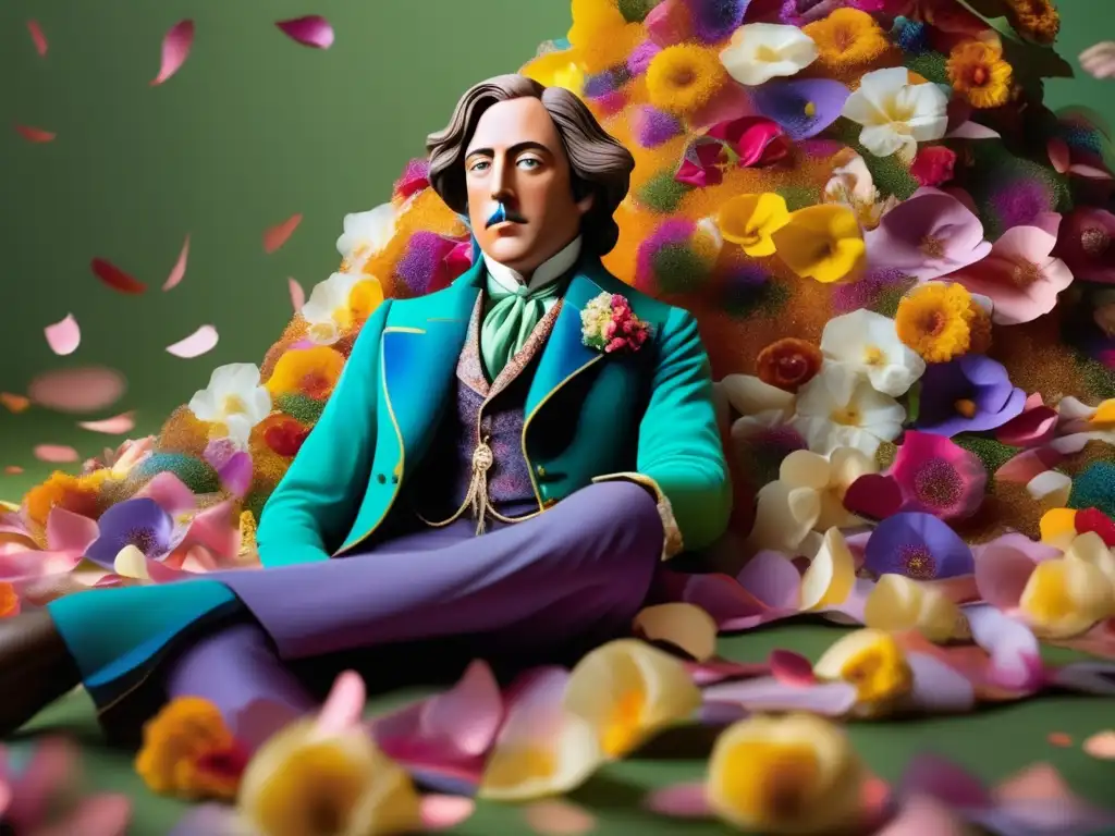 Una escultura hiperrealista de Oscar Wilde rodeada de pétalos y tela iridiscente, capturando la estética y obsesión por la belleza