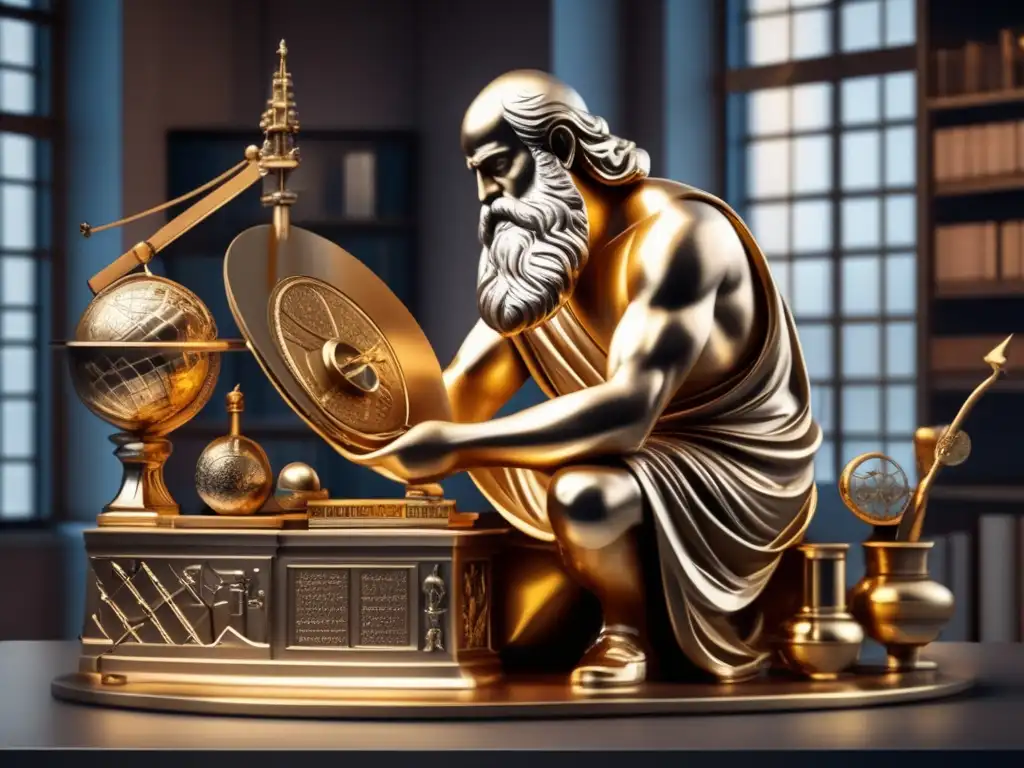 Una escultura moderna en 8k muestra a Arquímedes rodeado de instrumentos científicos y símbolos de sus descubrimientos