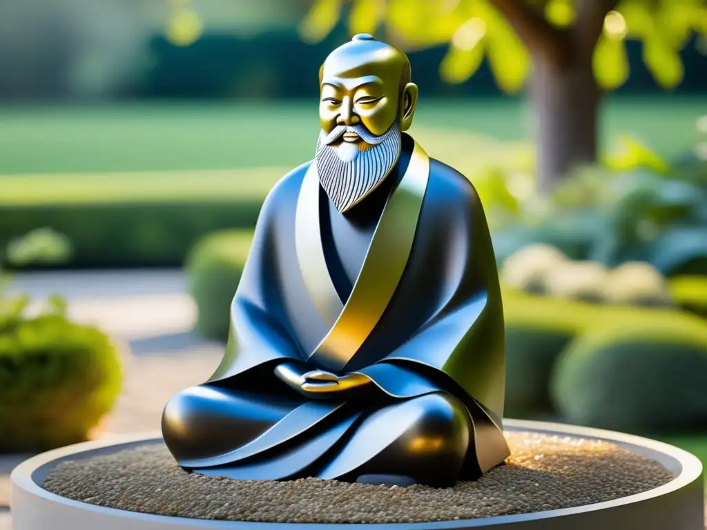 Una escultura moderna de Lao Tzu en metal pulido, rodeada de un jardín tranquilo