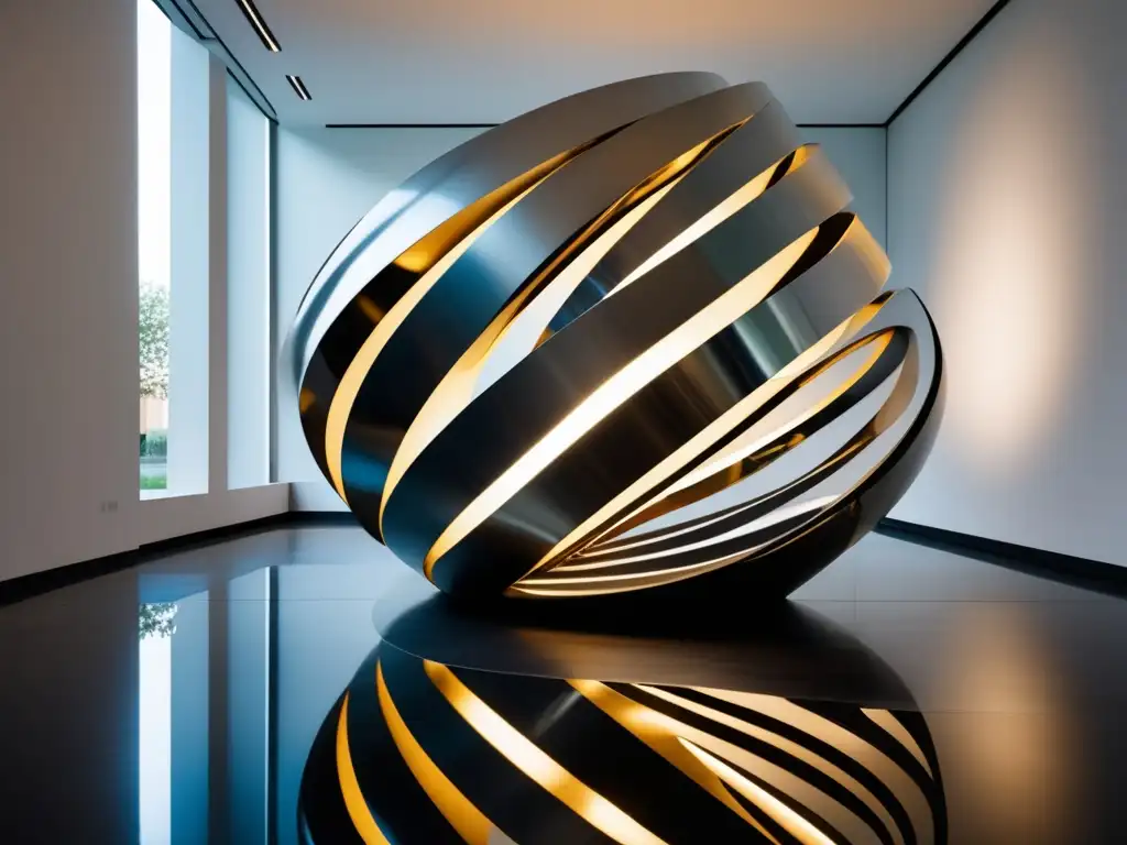 Una escultura moderna de metal retorcido y superficies reflectantes en una galería minimalista