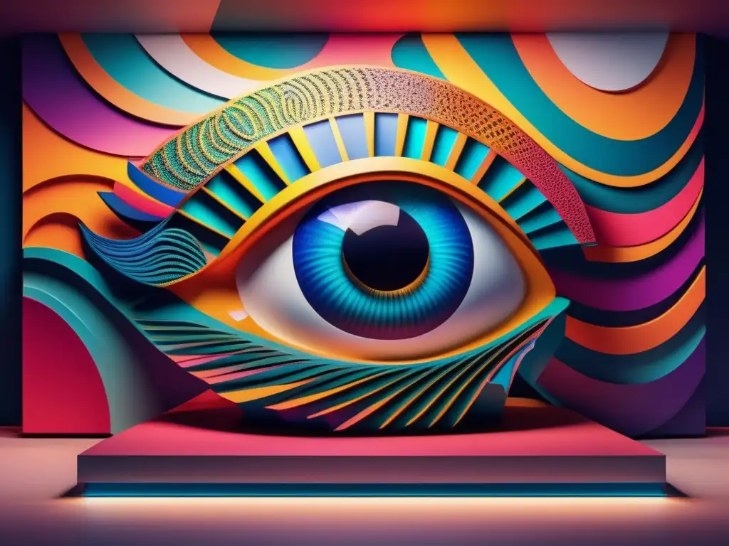Una escultura moderna de un ojo humano rodeado de patrones abstractos en colores vibrantes
