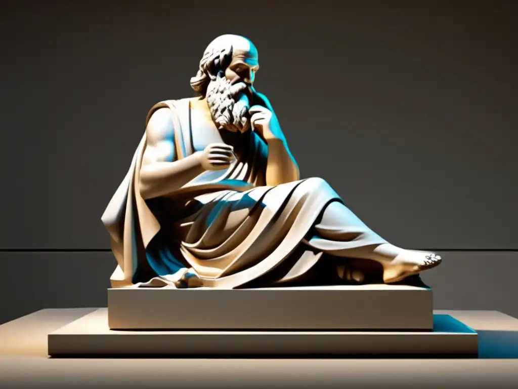 Escultura moderna del filósofo Sócrates en profunda reflexión, destacando sus detalles y su relevancia en el pensamiento occidental